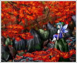 Rule 34 | 1girl, autumn, autumn leaves, blue dress, blue eyes, blue hair, cirno, day, dress, falling leaves, from behind, ice, ice wings, looking at viewer, looking back, matching hair/eyes, outdoors, puffy short sleeves, puffy sleeves, rock, sakaki soshi, shoot the bullet, short hair, short sleeves, sitting, solo, touhou, wings