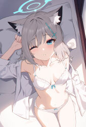 Rule 34 | 1girl, ;o, absurdres, alternate costume, animal ear fluff, animal ears, armpits, bed sheet, blue archive, blue eyes, bra, breasts, cleavage, collarbone, collared shirt, commentary request, cross hair ornament, extra ears, from above, grey hair, hair between eyes, hair ornament, halo, highres, looking at viewer, looking up, lying, medium hair, navel, on back, on bed, one eye closed, open clothes, open shirt, panties, parted lips, pillow, shiroko (blue archive), shirt, sidelocks, solo, stomach, underwear, usagi (786113654), waking up, white bra, white panties, white shirt, wolf ears, wolf girl