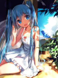 Rule 34 | 1girl, aqua eyes, aqua hair, bare shoulders, bird, bison cangshu, blush, commentary request, dress, hatsune miku, highres, long hair, open mouth, sitting, smile, solo, twintails, very long hair, vocaloid, white dress