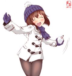 Rule 34 | 1girl, ^ ^, beanie, black pantyhose, brown hair, closed eyes, coat, dated, duffel coat, hat, highres, kanon (kurogane knights), kantai collection, logo, mittens, open mouth, pantyhose, purple hat, short hair, simple background, smile, snowball, solo, throwing, type 91 armor-piercing shell, white background, white coat, winter clothes, yukikaze (kancolle)