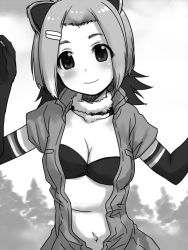 Rule 34 | 10s, 1girl, american beaver (kemono friends), animal ears, antenna hair, arms up, beaver ears, bikini, blush, breasts, cleavage, collarbone, elbow gloves, fur collar, gloves, greyscale, hair ornament, hairclip, jacket, kemono friends, looking at viewer, md5 mismatch, medium breasts, monochrome, navel, open clothes, open jacket, sakaki imasato, short sleeves, sky, smile, solo, stomach, swimsuit, tree, upper body