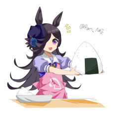 Rule 34 | 1girl, :d, animal ears, apron, black hair, blue bow, blue flower, blue hat, blue rose, bow, flower, food, hair over one eye, hat, hat flower, holding, holding food, horse ears, long hair, nejikyuu, notice lines, onigiri, open mouth, outstretched arms, pink apron, puffy short sleeves, puffy sleeves, purple eyes, purple shirt, rice, rice shower (umamusume), rose, school uniform, shirt, short sleeves, simple background, smile, solo, swept bangs, tilted headwear, tracen school uniform, twitter username, umamusume, upper body, very long hair, white background
