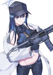 Rule 34 | 1girl, bare shoulders, baseball cap, black hat, blue archive, blue eyes, blue gloves, blue hat, blue pants, blue shirt, breasts, commentary, cowboy shot, crop top, gloves, gun, hat, highres, holding, holding gun, holding weapon, large breasts, leggings, lom (lom lom 8), long hair, long sleeves, looking at viewer, medium breasts, midriff, navel, pants, rifle, saori (blue archive), shirt, simple background, sleeveless, sleeveless shirt, smile, solo, standing, stomach, thighs, weapon, white background