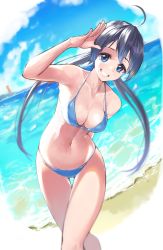 Rule 34 | 1girl, :d, absurdres, ahoge, arm behind back, arm up, bare arms, bare legs, beach, bikini, black hair, blue bikini, blue eyes, blue sky, breasts, cleavage, cloud, collarbone, commentary request, day, gluteal fold, grin, halterneck, highres, horizon, kimi (hearty yuuki), long hair, looking at viewer, medium breasts, navel, ocean, open mouth, original, outdoors, sidelocks, sky, smile, solo, standing, string bikini, swimsuit, twintails