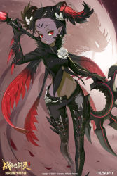 Rule 34 | 1000marie, 10s, 1girl, animal ears, black footwear, black hair, black hands, black pants, black shirt, black wings, blade &amp; soul, boots, breasts, claws, company name, dark-skinned female, dark skin, dragon, earrings, eyelashes, facial mark, feather hair ornament, feathered wings, feathers, fingernails, flower, forehead mark, fur trim, gluteal fold, hair ornament, hand up, highres, holding, holding weapon, jewelry, light particles, lips, lipstick, long fingernails, long sleeves, looking at viewer, makeup, midriff, multicolored wings, multiple wings, nail polish, navel, pants, parted lips, pointy ears, red eyes, red nails, red wings, rose, shirt, short hair, small breasts, solo, star (symbol), star earrings, stomach, thigh boots, thighhighs, vambraces, weapon, white flower, white rose, wings