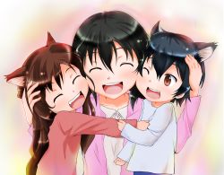 Rule 34 | 1boy, 2girls, ^ ^, ame (ookami kodomo), animal ears, azumawari (azumofu), black hair, blue hair, boy and girl sandwich, brother and sister, brown eyes, brown hair, cheek-to-cheek, closed eyes, clothes grab, commentary request, family, hana (ookami kodomo), hand on another&#039;s head, heads together, hug, long hair, md5 mismatch, mother and daughter, mother and son, multiple girls, one eye closed, ookami kodomo no ame to yuki, open mouth, revision, sandwiched, siblings, sleeve grab, smile, wolf ears, yuki (ookami kodomo)