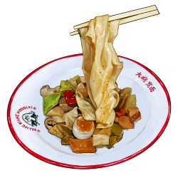 Rule 34 | chinese text, chopsticks, commentary, egg, egg (food), english commentary, english text, food, food focus, meat, no humans, noodles, original, pepper, plate, pork, realistic, simple background, softboiled egg, still life, studiolg, symbol-only commentary, vegetable, white background