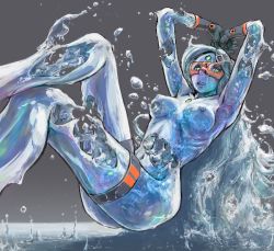 Rule 34 | 1girl, armpits, blue theme, breasts, dissolving, gloves, goggles, grey background, large breasts, long hair, monster girl, nipples, nude, original, solo, thigh strap, very long hair, water, water drop, ymr