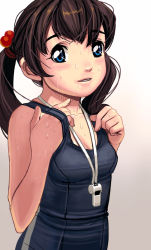 Rule 34 | 1girl, bad id, bad pixiv id, blue eyes, brown hair, hair bobbles, hair ornament, kouno (masao), one-piece swimsuit, original, school swimsuit, solo, swimsuit, twintails, upper body, wet, whistle