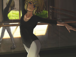 Rule 34 | 1girl, ballet, barre, blonde hair, blue eyes, dancing, female focus, flat chest, hair ornament, hairclip, horuda, indoors, kagamine rin, leotard, mirror, nature, pantyhose, reflection, short hair, solo, sweat, vocaloid, white pantyhose