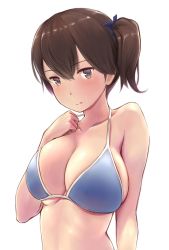Rule 34 | 10s, 1girl, alternate costume, bare shoulders, bikini, black eyes, blue bikini, blush, breasts, brown hair, cleavage, collarbone, female focus, hair ribbon, highres, kaga (kancolle), kantai collection, large breasts, looking at viewer, ribbon, side ponytail, simple background, solo, strap lift, swimsuit, upper body, wa (genryusui), white background