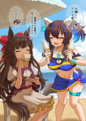 Rule 34 | absurdres, alternate costume, animal ears, beach, black hair, blurry, blurry background, blush, bow, breasts, cleavage, closed eyes, collarbone, commentary request, daiichi ruby (umamusume), daitaku helios (umamusume), drill hair, drinking, emoji, fang, food, hair bow, highres, horse ears, horse girl, horse tail, ice cream, jewelry, long hair, medium breasts, multicolored hair, necklace, ocean, open mouth, parasol, pleading face emoji, roppaku, sand, side ponytail, tail, team, tracen swimsuit, translation request, two-tone hair, umamusume, umbrella