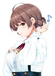 Rule 34 | 10s, 1girl, ahoge, blush, braid, breasts, brown hair, center frills, commentary request, dress shirt, earrings, frills, green eyes, hand on own chest, hand up, highres, idolmaster, idolmaster million live!, jewelry, looking at viewer, looking to the side, medium breasts, musical note, musical note earrings, red ribbon, ribbon, ryuu., sakuramori kaori, shirt, side braid, simple background, smile, solo, suspenders, white background