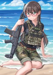 Rule 34 | 1girl, absurdres, ammunition pouch, beach, belt, black shirt, blue sky, brown hair, camouflage, camouflage jacket, camouflage pants, closed mouth, cloud, cloudy sky, glasses, green eyes, gun, highres, holding, holding gun, holding weapon, howa type 20, jacket, japan ground self-defense force, japan self-defense force, kzm (sub-moa works), long hair, looking at viewer, magazine (weapon), military, original, outdoors, pants, pouch, shirt, short sleeves, sky, smile, solo, toes, water, waves, weapon