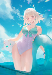 Rule 34 | 1girl, absurdres, albino, borrowed character, breasts, cirilla lin, closed mouth, commentary, earrings, fish hair ornament, green one-piece swimsuit, hair ornament, halterneck, head tilt, highres, holding, holding swim ring, innertube, jewelry, multicolored clothes, multicolored swimsuit, nacchan (ohisashiburi), one-piece swimsuit, original, pink eyes, purple one-piece swimsuit, smile, solo, swim ring, swimsuit, thighs, wading, white hair