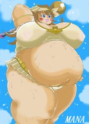 Rule 34 | 1girl, absurdres, artist request, blue eyes, blush, breasts, brown hair, fat, highres, huge breasts, mana (yu-gi-oh!), obese, sky, solo, staff, yu-gi-oh!