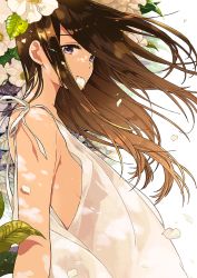 Rule 34 | 1girl, breasts, brown hair, floating hair, flower, from side, kurokeisin, leaf, long hair, looking at viewer, mouth hold, original, petals, plant, purple eyes, see-through, see-through silhouette, sideboob, sleeveless, small breasts, solo, upper body, white background, white flower, wind