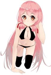 Rule 34 | 10s, 1girl, akashi (kancolle), all fours, bikini, blush, breasts, cleavage, crawling, gin00, hair ribbon, kantai collection, long hair, looking at viewer, pink hair, ribbon, sketch, smile, solo, swimsuit, translated, tress ribbon, twintails, yellow eyes