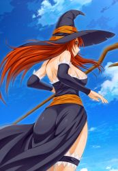 Rule 34 | 1girl, ass, back, bare shoulders, breasts, brown eyes, brown hair, cleavage, cloud, day, detached sleeves, dragon&#039;s crown, dress, elbow gloves, gloves, hat, highres, large breasts, long hair, looking back, midnight (banyex), side slit, sideboob, sky, solo, sorceress (dragon&#039;s crown), strapless, strapless dress, thighs, witch hat