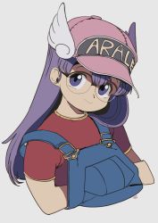Rule 34 | 1girl, :&gt;, absurdres, baseball cap, black-framed eyewear, breast pocket, character name, clothes writing, dr. slump, edoya inuhachi, glasses, grey background, hands in pockets, hat, head tilt, highres, long hair, looking at viewer, norimaki arale, overalls, pocket, purple eyes, purple hair, red shirt, semi-rimless eyewear, shirt, short sleeves, signature, simple background, smile, solo, straight hair, upper body, winged hat, wings