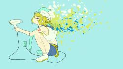 Rule 34 | 1girl, android, aqua background, bare arms, bare legs, bare shoulders, blonde hair, blue background, bow, closed eyes, closed mouth, crop top, drying, drying hair, electric plug, flat chest, hair bow, hair dryer, hair ornament, hairclip, headphones, headset, highres, holding, holding hair dryer, hunched over, joints, kagamine rin, kokuri moki, messy hair, midriff, neckerchief, number tattoo, robot joints, sailor collar, shirt, shoes, short hair, shorts, shoulder tattoo, sleeveless, sleeveless shirt, sneakers, solo, squatting, tattoo, vocaloid, white bow, white footwear, yellow neckerchief