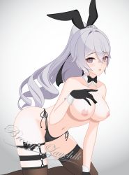 Rule 34 | 1girl, animal ears, bare shoulders, bikini, bikini bottom only, black bikini, black gloves, black thighhighs, bow, bowtie, breasts, bronya zaychik, bronya zaychik (silverwing: n-ex), character name, commentary, detached collar, embarrassed, english commentary, eyes visible through hair, fake animal ears, gloves, grey eyes, grey hair, hair between eyes, highleg, highleg bikini, highres, honkai (series), honkai impact 3rd, large breasts, long hair, looking at viewer, navel, nipples, open mouth, rabbit ears, shiny skin, side-tie bikini bottom, solo, swimsuit, thighhighs, thighs, topless, user mwfv8845, wrist cuffs