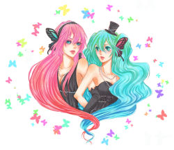 Rule 34 | 2girls, aqua eyes, aqua hair, bad id, bad pixiv id, bug, butterfly, butterfly wings, dress, elbow gloves, gloves, hat, hatsune miku, headphones, imai (wana), insect, insect wings, magnet (vocaloid), megurine luka, mini hat, mini top hat, multiple girls, pink hair, top hat, vocaloid, wings, yuri