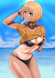 Rule 34 | 1girl, bikini, bracelet, breasts, brown eyes, brown hair, choker, cholesenel, cleavage, food, highres, jewelry, large breasts, looking at viewer, mouth hold, norma beatty, ocean, one-piece tan, popsicle, shiny skin, shirt, short hair, solo, sunburn, sweat, swimsuit, tales of (series), tales of legendia, tan, tanline, wet, wet clothes