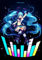Rule 34 | 1girl, :d, absurdly long hair, amenosaka nono, anniversary, arm up, black gloves, blue eyes, blue hair, full body, gloves, hair ribbon, hatsune miku, highres, long hair, looking at viewer, midriff, navel, open mouth, outstretched arms, ribbon, skirt, smile, solo, thighhighs, twintails, very long hair, vocaloid