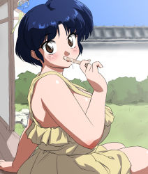 Rule 34 | 1girl, blue hair, blush, breasts, brown eyes, bush, dress, dripping, food, huge breasts, large breasts, looking at viewer, mage (harumagedon), plump, popsicle, popsicle stick, porch, ranma 1/2, short hair, sleeveless, sleeveless dress, solo, sundress, tendou akane, wall, wind chime