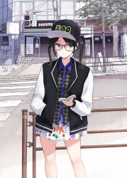 Rule 34 | 1girl, black-framed eyewear, black hair, black headwear, blue eyes, book, closed mouth, day, glasses, hat, highres, holding, holding book, idolmaster, idolmaster shiny colors, jacket, looking at viewer, mitsumine yuika, outdoors, short hair, short twintails, smile, solo focus, tetsuya rice, twintails