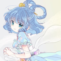 Rule 34 | 1girl, aqua eyes, biyon, blue dress, blue hair, commentary request, dress, drill hair, drill sidelocks, from side, grey background, hagoromo, hair ornament, hair rings, hair stick, kaku seiga, looking at viewer, puffy short sleeves, puffy sleeves, ringlets, shawl, short hair, short sleeves, sidelocks, simple background, smile, solo, touhou, twin drills, twitter username, upper body, vest, white background, white vest