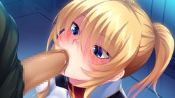 Rule 34 | 1girl, :&gt;=, blonde hair, blue eyes, blush, censored, drooling, embarrassed, fellatio, from above, game cg, huracan, indoors, kyonyuu onna shikan sennou saimin, lisa lindy, long hair, looking at another, lune (company), mosaic censoring, oral, original, out of frame, penis, saliva, sitting, twintails, uniform, upper body