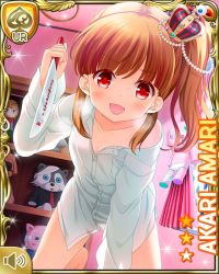 Rule 34 | 1girl, all fours, amari akari, barefoot, bedroom, bottomless, brown hair, card, character name, eyeball, girlfriend (kari), holding, indoors, knife, nail polish, official art, open mouth, qp:flapper, red eyes, shirt, smile, solo, stuffed animal, stuffed toy, tagme, teddy bear, toy, white shirt
