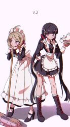 Rule 34 | 2girls, ahoge, akamatsu kaede, alternate costume, apron, bad proportions, bandaid, black dress, black footwear, black hair, blush, boots, broom, commentary request, cross-laced footwear, cup, danganronpa (series), danganronpa v3: killing harmony, dress, enmaided, fortissimo, frilled dress, frills, full body, hair ornament, hair scrunchie, hairclip, hand on own hip, harukawa maki, high heels, highres, holding, holding tray, lace-up boots, leaning forward, long hair, long sleeves, looking at viewer, low twintails, maid, maid apron, maid headdress, multiple girls, musical note, musical note hair ornament, nzeneee, pink background, pout, puffy sleeves, purple eyes, red scrunchie, scrunchie, short dress, standing, teacup, teapot, tray, twintails, very long hair, waist apron, white apron