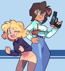 Rule 34 | 2girls, bacun, black sweater, blonde hair, blue eyes, breasts, brown skirt, collared shirt, cz 75, dark-skinned female, dark skin, denim, gun, gunsmith cats, handgun, jeans, medium breasts, minnie may hopkins, multiple girls, one eye closed, open mouth, pants, pantyhose, parted lips, rally vincent, shirt, short hair, skirt, smile, smirk, sweater, sweater tucked in, v-shaped eyebrows, weapon, white shirt