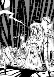 Rule 34 | 1girl, alternate costume, bamboo, bamboo forest, blood, blood on clothes, blood on face, commentary request, forest, greyscale, hair over one eye, hakama, hakama skirt, hat, holding, holding smoking pipe, japanese clothes, kamishirasawa keine, kiseru, knife, long hair, long sleeves, monochrome, moon, nature, nicetack, night, night sky, sitting, skirt, sky, sliced, smoke, smoking, smoking pipe, solo, touhou