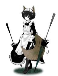 Rule 34 | 1boy, animal ears, apron, bags under eyes, black dress, black footwear, black pantyhose, closed mouth, dress, e.g.o (project moon), fox ears, fox tail, full body, highres, juliet sleeves, limbus company, long sleeves, looking at viewer, maid headdress, n.i, pantyhose, project moon, puffy sleeves, shoes, simple background, solo, tail, umbrella, white apron, white background, yi sang (project moon)