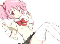 Rule 34 | 1girl, arms at sides, black skirt, blush stickers, breasts, clenched hands, dot nose, dutch angle, expressionless, feet out of frame, floating hair, hair between eyes, hair ribbon, hands up, high collar, highres, juliet sleeves, kaname madoka, knees together feet apart, light blush, long sleeves, looking at viewer, mahou shoujo madoka magica, mahou shoujo madoka magica (anime), mitakihara school uniform, neck ribbon, parted lips, pink eyes, pink hair, plaid, plaid skirt, pleated skirt, puffy sleeves, red ribbon, ribbon, school uniform, shaded face, short twintails, sidelocks, simple background, skirt, small breasts, solo, thighhighs, thighs, tsubaki (tatajd), twintails, uniform, white background, white thighhighs, zettai ryouiki