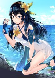 Rule 34 | 1girl, alternate costume, ameno (a meno0), armor, bikini, blue eyes, blue gloves, blue hair, blue sky, breasts, collarbone, day, fingerless gloves, fire emblem, fire emblem awakening, flower, gloves, hair flower, hair ornament, hair ribbon, lips, long hair, looking at viewer, lucina (fire emblem), medium breasts, nintendo, ocean, outdoors, ribbon, see-through, shoulder armor, sky, smile, solo, swimsuit, symbol-shaped pupils, thighs, tiara, water, wet, white bikini, white flower, yellow flower