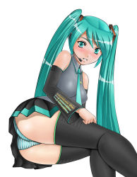 Rule 34 | ass, blush, green eyes, green hair, hatsune miku, long hair, mongai, panties, solo, striped clothes, striped panties, thighhighs, twintails, underwear, vocaloid