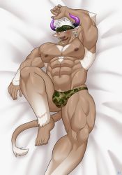 Rule 34 | 1boy, abs, absurdres, animal ears, arm up, bara, blush, briefs, brown fur, bulge, camouflage, chest hair, cow ears, cow horns, facial hair, foot out of frame, furry, furry male, goatee, green male underwear, highres, horns, keijimohumohu, large pectorals, lying, male focus, male underwear, minotaur, muscular, muscular male, on back, on bed, pectorals, print male underwear, purple eyes, purple horns, shennong (housamo), solo, tail, thick thighs, thighs, tokyo houkago summoners, underwear, underwear only, white hair