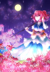 Rule 34 | 1girl, apron, belt, black belt, blue dress, boat, breasts, closed mouth, coin, dress, flower, frills, full moon, gradient hair, hair between eyes, hair bobbles, hair ornament, hands up, highres, holding, holding scythe, holding weapon, looking up, medium breasts, moon, multicolored hair, night, night sky, notsuki (koma128), onozuka komachi, outdoors, pink eyes, pink hair, puffy short sleeves, puffy sleeves, purple sky, red eyes, red flower, river, sanzu river, scythe, shirt, short hair, short sleeves, short twintails, sky, smile, solo, standing, star (sky), starry sky, touhou, twintails, water, watercraft, weapon, white apron, white shirt, yellow moon