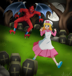 Rule 34 | 1girl, blonde hair, blue eyes, bow, breasts, capcom, claws, demon, demon wings, dress, grass, grave, hat, knight, long hair, makaimura, moon, nervous, night, pink dress, red arremer, running, sir arthur (makaimura), solo, spell, super ghouls n&rsquo; ghosts, tombstone, transformation, tree, wings