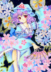 Rule 34 | 1girl, bad id, bad pixiv id, bug, butterfly, cherry blossoms, hand fan, female focus, folding fan, funnyfunny, hat, bug, japanese clothes, kimono, marker (medium), pink hair, red eyes, saigyouji yuyuko, solo, touhou, traditional media, triangular headpiece, wide sleeves