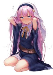 Rule 34 | 1girl, belt, belt buckle, black dress, blue eyes, blush, bow, brown belt, buckle, commentary request, dress, full body, hands in hair, hands up, highres, kamisama ni natta hi, long hair, looking at viewer, nakamura hinato, nose blush, parted lips, pink hair, satou hina (kamisama ni natta hi), seiza, short sleeves, simple background, sitting, solo, translation request, veil, very long hair, white background, wide sleeves, yellow bow