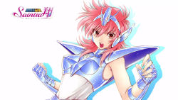 Rule 34 | 1girl, armor, armored dress, boobplate, breastplate, brown eyes, clenched hand, copyright name, dress, end card, fingerless gloves, gauntlets, gloves, hair between eyes, hairband, long hair, looking at viewer, official art, open mouth, pauldrons, pink hair, saint seiya, saint seiya saintia sho, shadow, shoulder armor, simple background, sleeveless, sleeveless dress, solo, sparkle, upper body, v-shaped eyebrows, white background, white dress