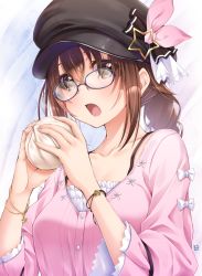 Rule 34 | 1girl, black hat, bracelet, breasts, brown eyes, brown hair, commentary request, eating, food, glasses, hair between eyes, hands up, hat, hat ornament, highres, holding, holding food, hololive, jewelry, kamishiro mai (capti-no), long hair, long sleeves, looking at viewer, open mouth, pink shirt, ponytail, shirt, solo, star (symbol), star hat ornament, tokino sora, tokino sora (casual), upper body, virtual youtuber