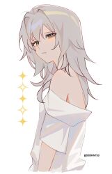Rule 34 | 1girl, bare shoulders, commentary, doormatsu, english commentary, from side, grey eyes, grey hair, highres, honkai: star rail, honkai (series), long hair, looking at viewer, off shoulder, parted lips, shirt, short sleeves, simple background, solo, star (symbol), stelle (honkai: star rail), trailblazer (honkai: star rail), twitter username, upper body, white background, white shirt