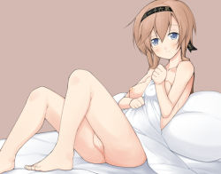 Rule 34 | 10s, 1girl, anus, bar censor, barefoot, bed, bed sheet, blue eyes, blush, braid, breasts, brown hair, censored, collarbone, cushion, eyebrows, fat mons, from side, full body, hair ornament, hairband, kantai collection, light brown hair, light smile, long hair, looking at viewer, lying, naked sheet, nipples, nose, nude, odachi, on back, pillow, pink background, propeller hair ornament, pussy, small breasts, smile, solo, teruzuki (kancolle), thighs, toenails, twin braids